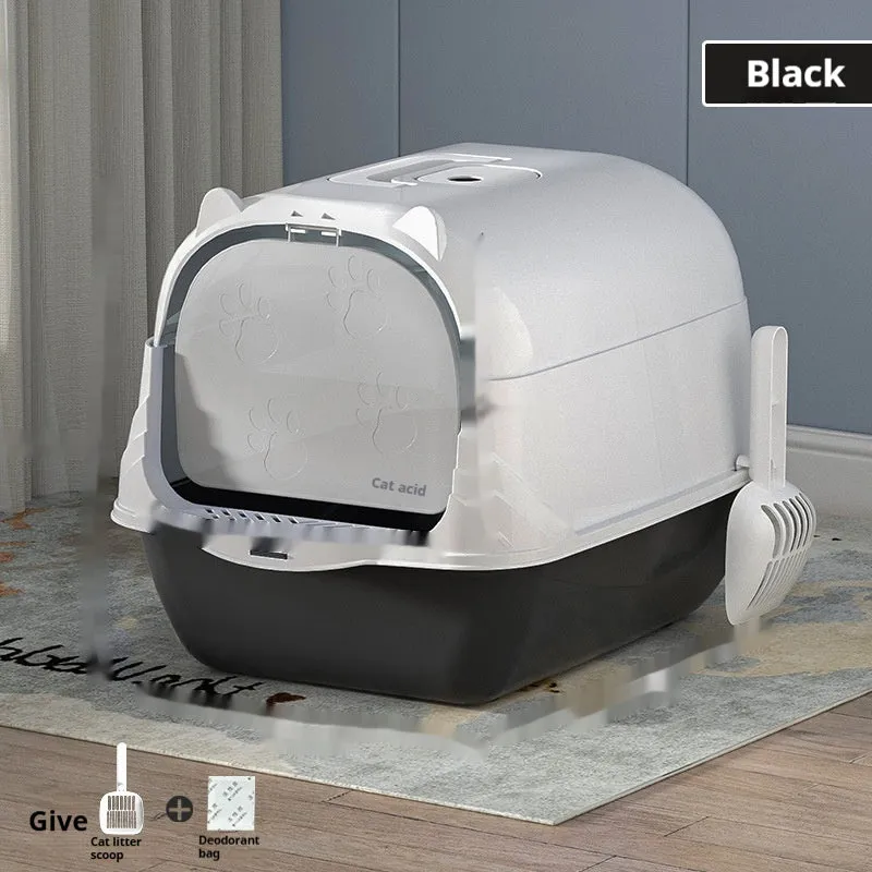 Oversized enclosed PP cat litter box in gray with door, for indoor use