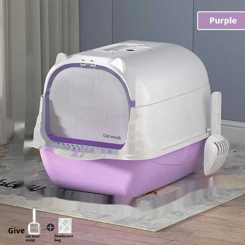 Oversized enclosed PP cat litter box in gray with door, for indoor use