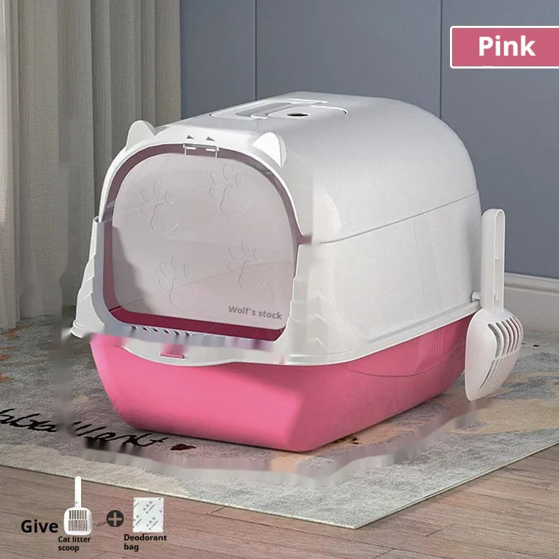 Oversized enclosed PP cat litter box in gray with door, for indoor use