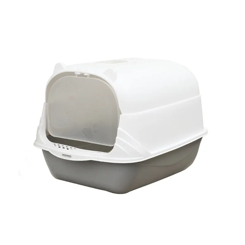 Oversized enclosed PP cat litter box in gray with door, for indoor use
