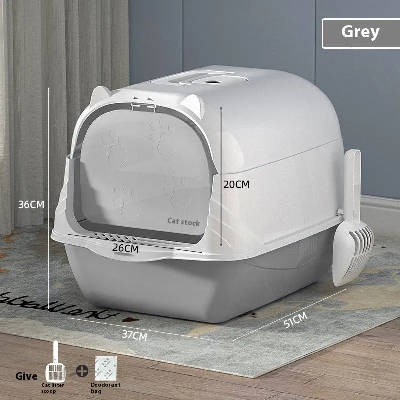 Oversized enclosed PP cat litter box in gray with door, for indoor use
