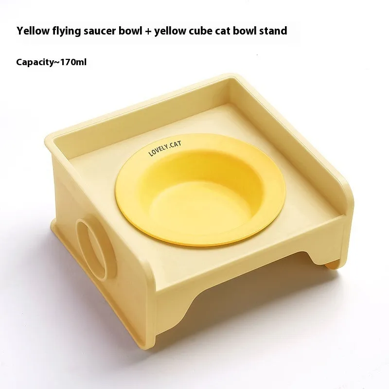Ceramic raised cat bowl on square rack in beige and white colour combination