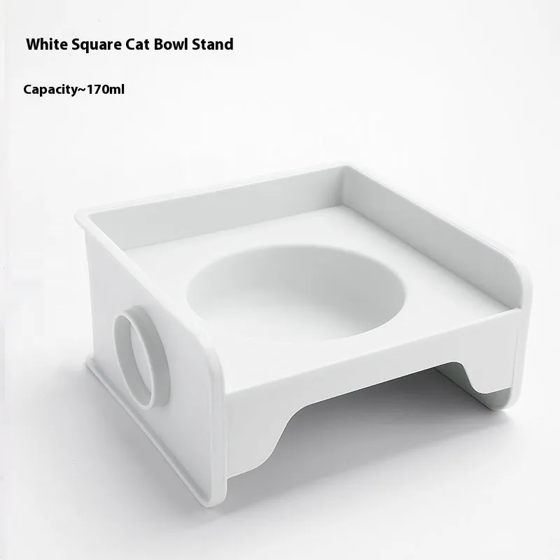 Ceramic raised cat bowl on square rack in beige and white colour combination