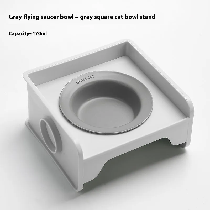 Ceramic raised cat bowl on square rack in beige and white colour combination