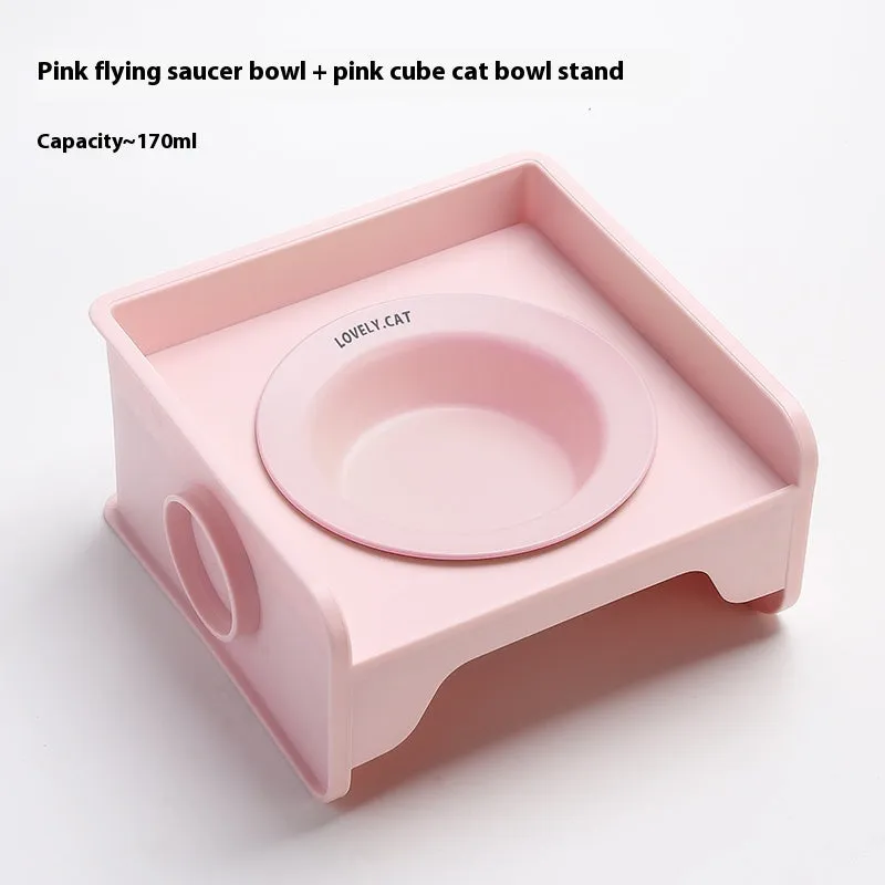 Ceramic raised cat bowl on square rack in beige and white colour combination