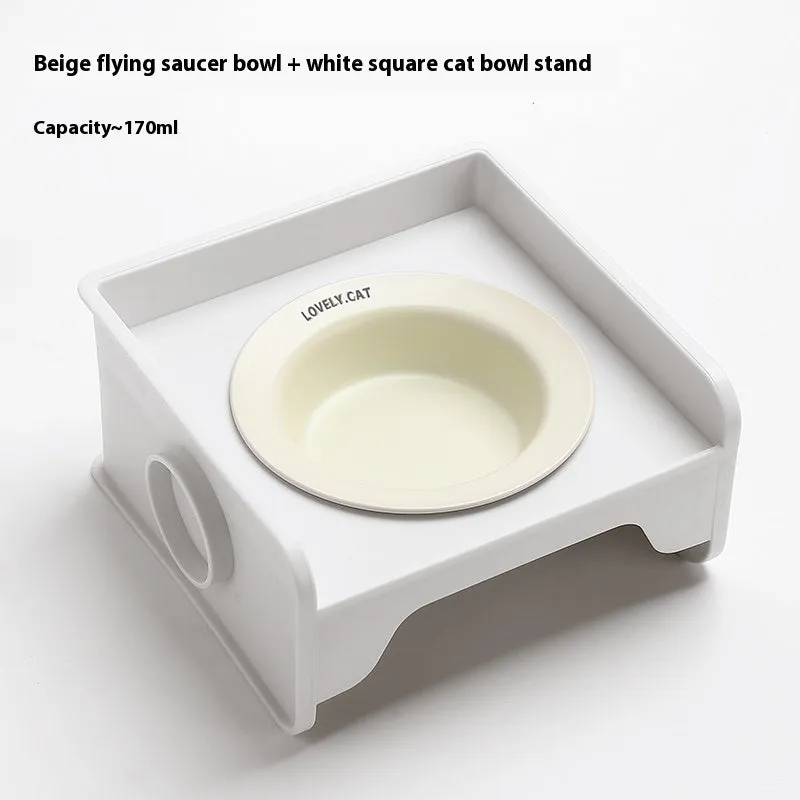 Ceramic raised cat bowl on square rack in beige and white colour combination
