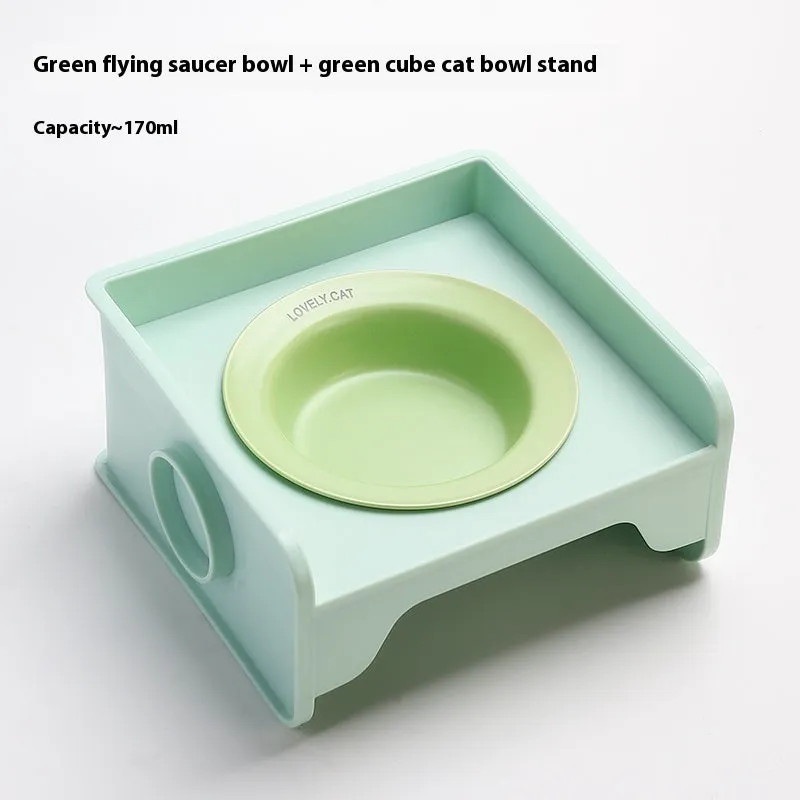 Ceramic raised cat bowl on square rack in beige and white colour combination