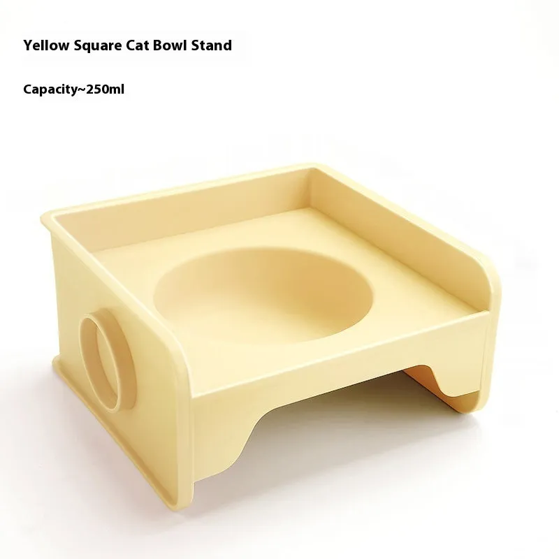 Ceramic raised cat bowl on square rack in beige and white colour combination