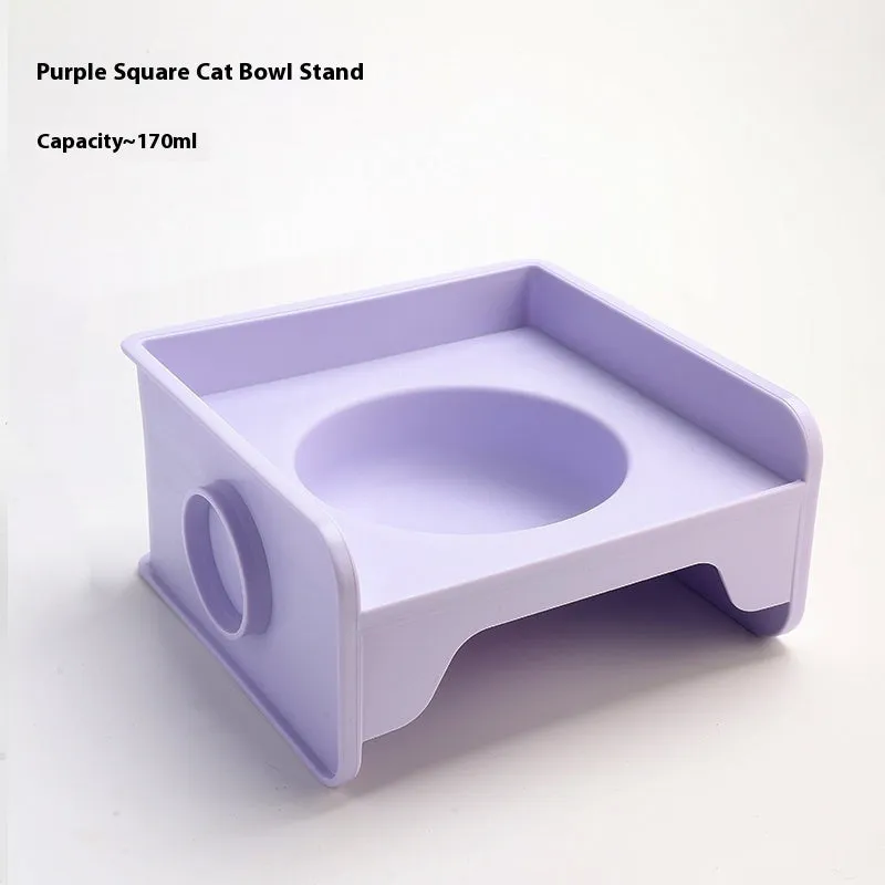 Ceramic raised cat bowl on square rack in beige and white colour combination