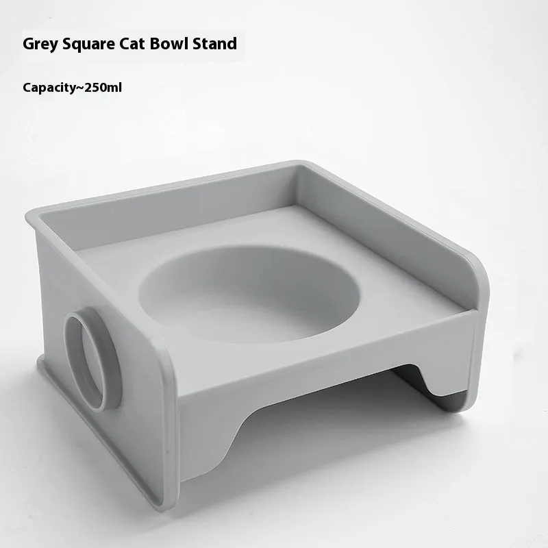 Ceramic raised cat bowl on square rack in beige and white colour combination