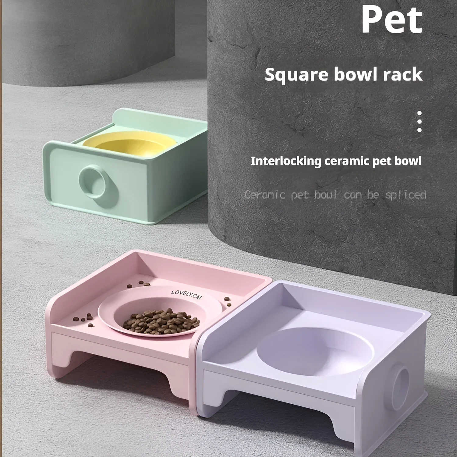 Ceramic raised cat bowl on square rack in beige and white colour combination
