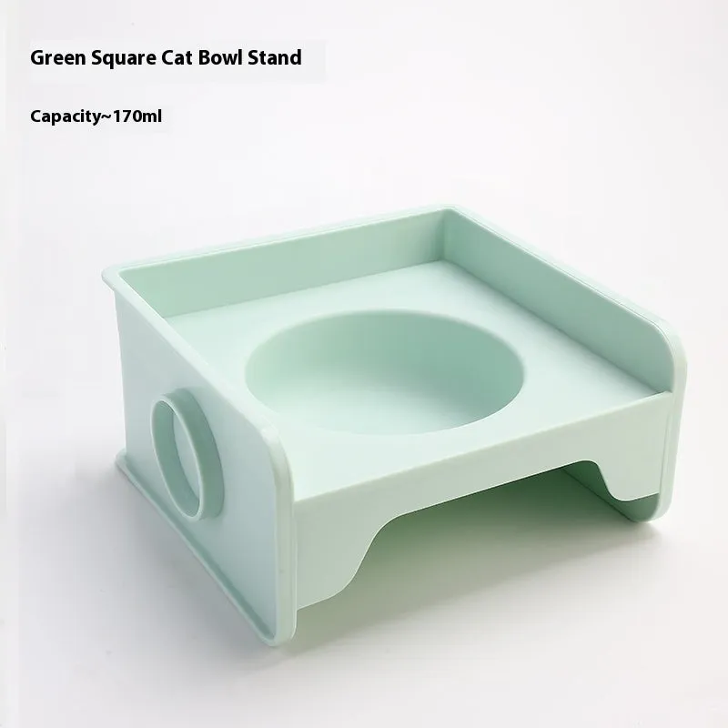 Ceramic raised cat bowl on square rack in beige and white colour combination