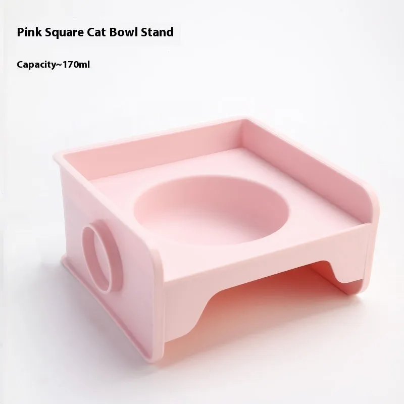 Ceramic raised cat bowl on square rack in beige and white colour combination