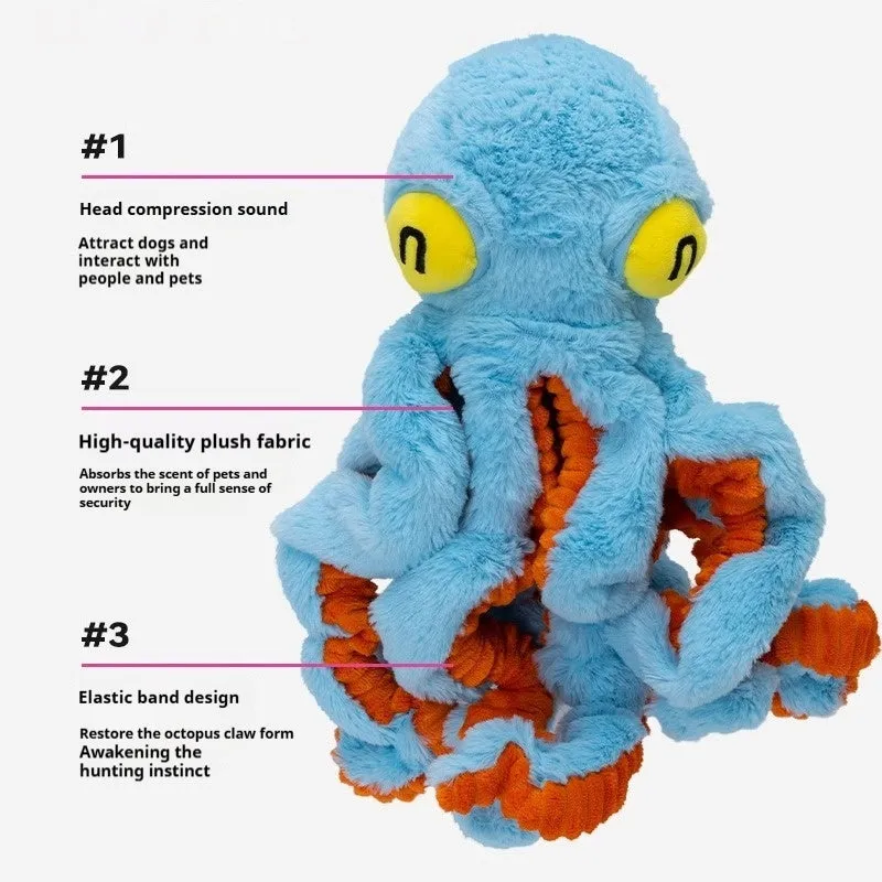 Plush octopus dog interactive pull toy for medium to large dogs in blue with tentacles visible