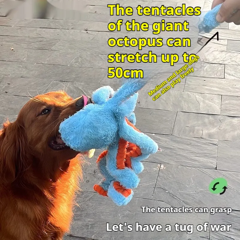 Plush octopus dog interactive pull toy for medium to large dogs in blue with tentacles visible