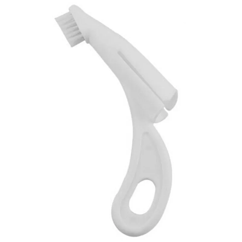 Red and white finger-sleeve toothbrush for dogs and cats with soft silicone bristles.