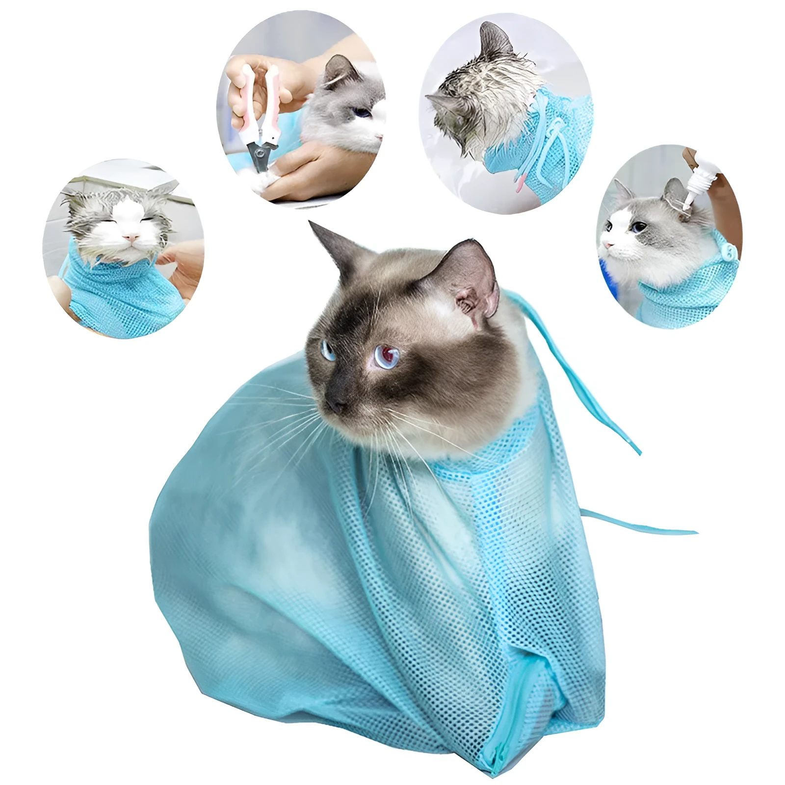 Soft polyester mesh cat grooming bag with front zipper, lightweight design, available in blue, orange, pink, rose red, yellow