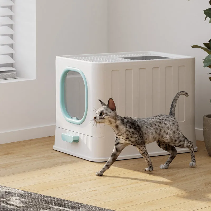 Fully enclosed plastic folding cat litter box in avian green, 51x38x39cm, with top closure