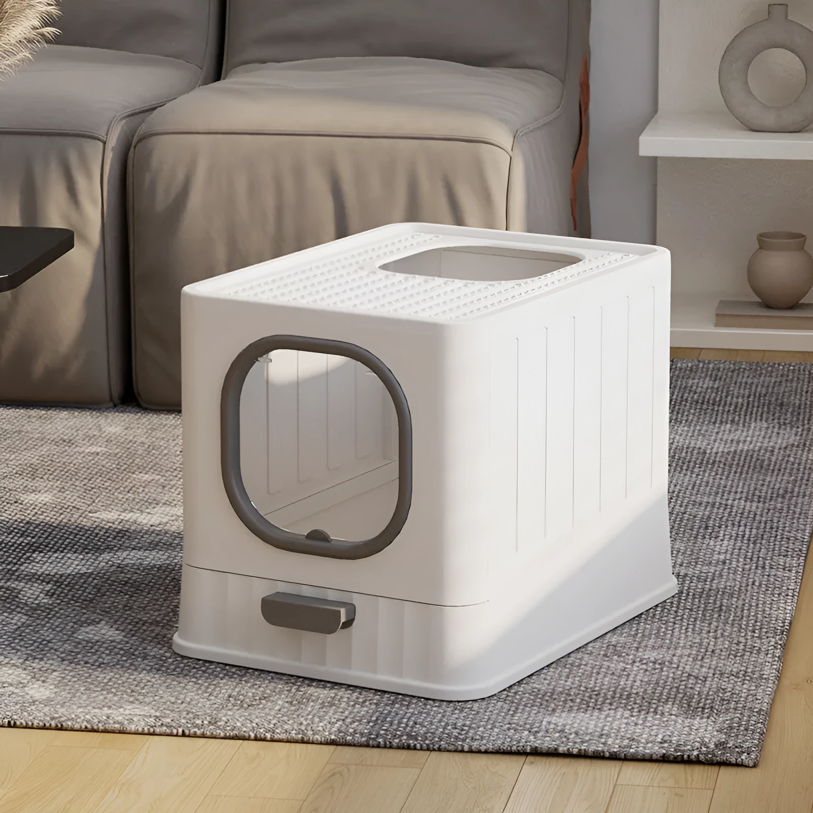 Fully enclosed plastic folding cat litter box in avian green, 51x38x39cm, with top closure