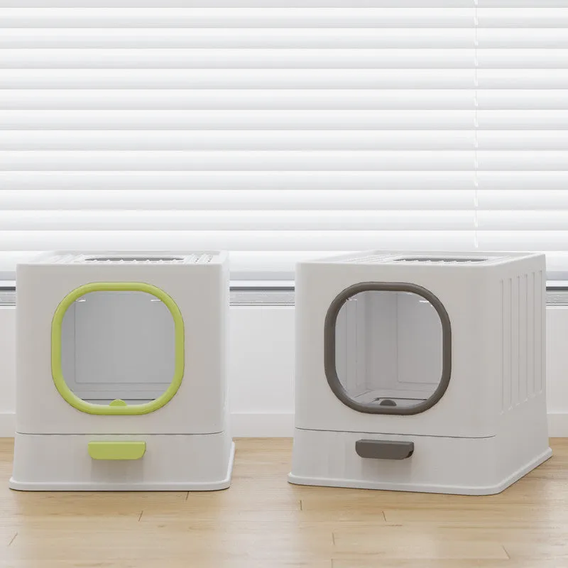 Fully enclosed plastic folding cat litter box in avian green, 51x38x39cm, with top closure