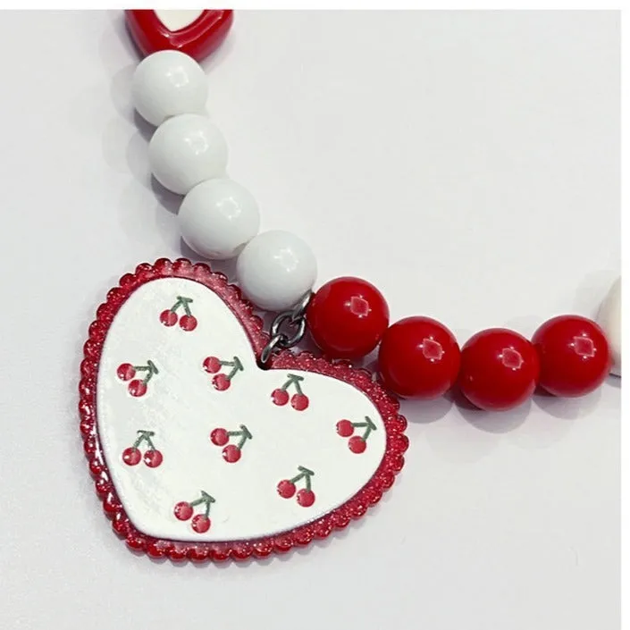 Red heart bead dog collar with flower pattern, princess style, available in sizes S M L