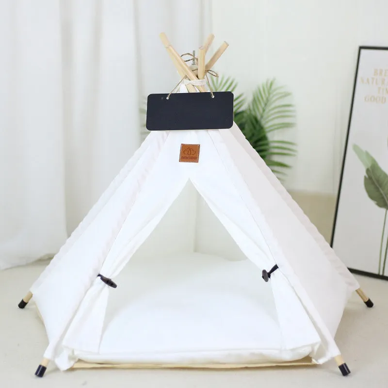 White and yellow striped pet teepee tent with cushion for small dogs or cats