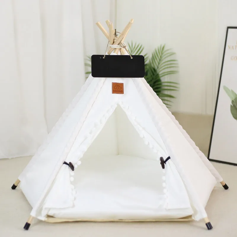 White and yellow striped pet teepee tent with cushion for small dogs or cats