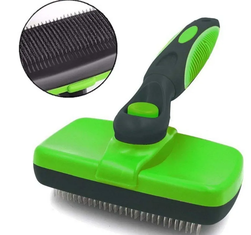 Pet self-cleaning slicker brush with stainless steel needles, green handle, on white background
