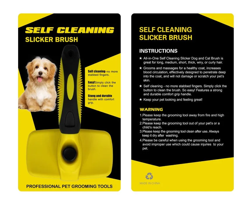 Pet self-cleaning slicker brush with stainless steel needles, green handle, on white background