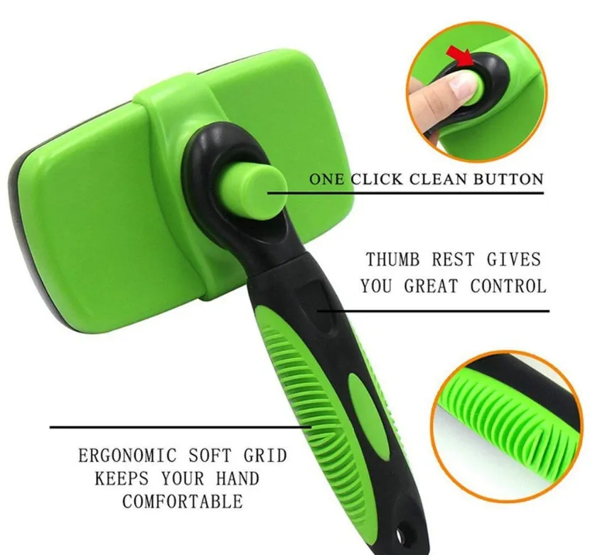 Pet self-cleaning slicker brush with stainless steel needles, green handle, on white background