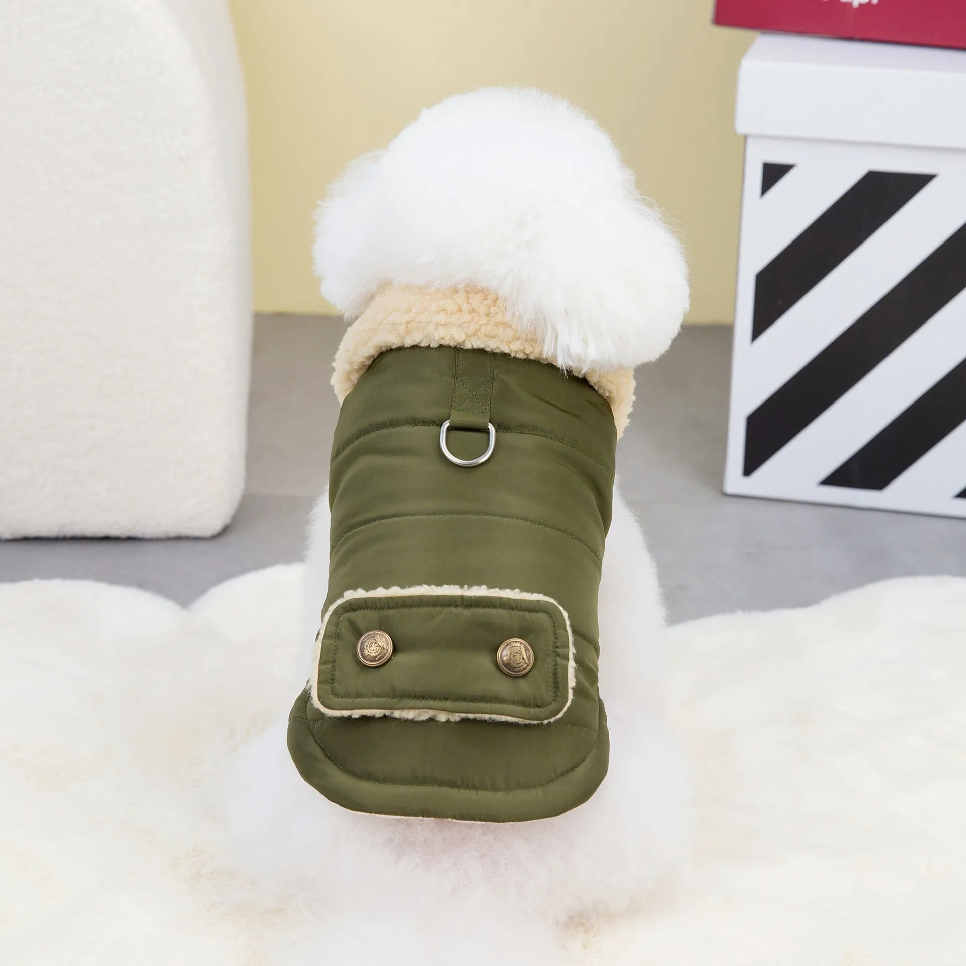 Teddy cat Nordic fur collar cotton vest in green, front view on pet