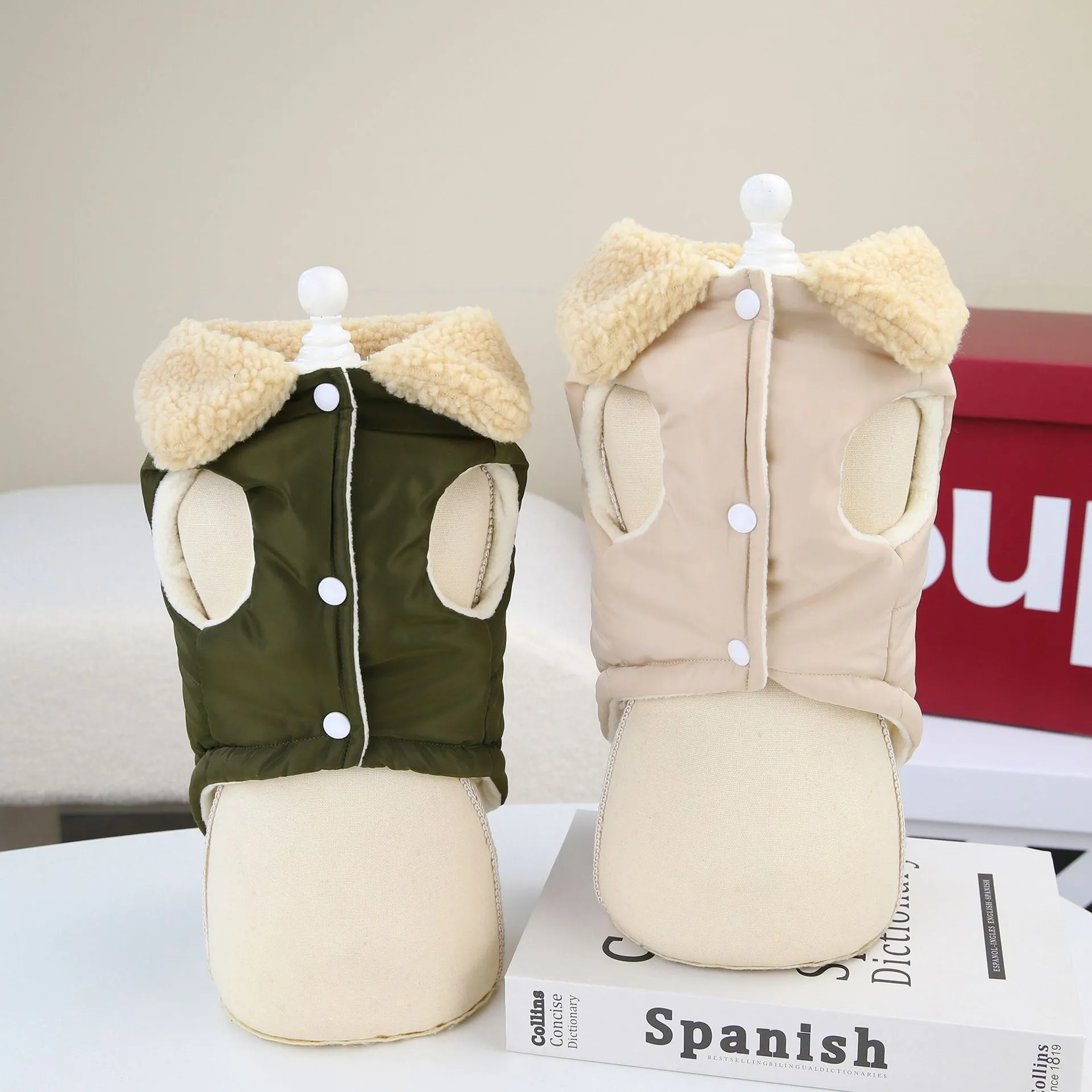 Teddy cat Nordic fur collar cotton vest in green, front view on pet