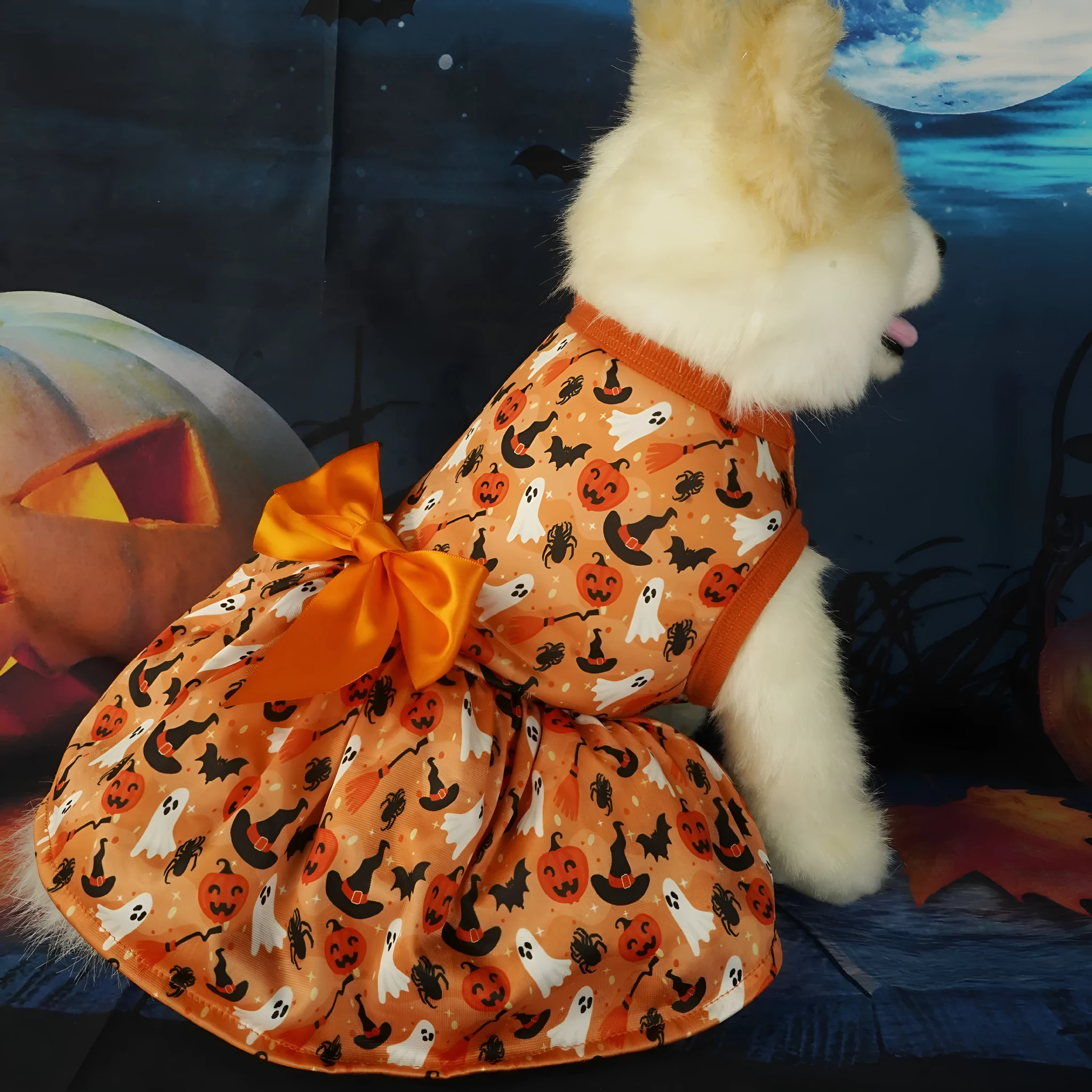 Orange polyester pet Halloween dress for dogs and cats in size M