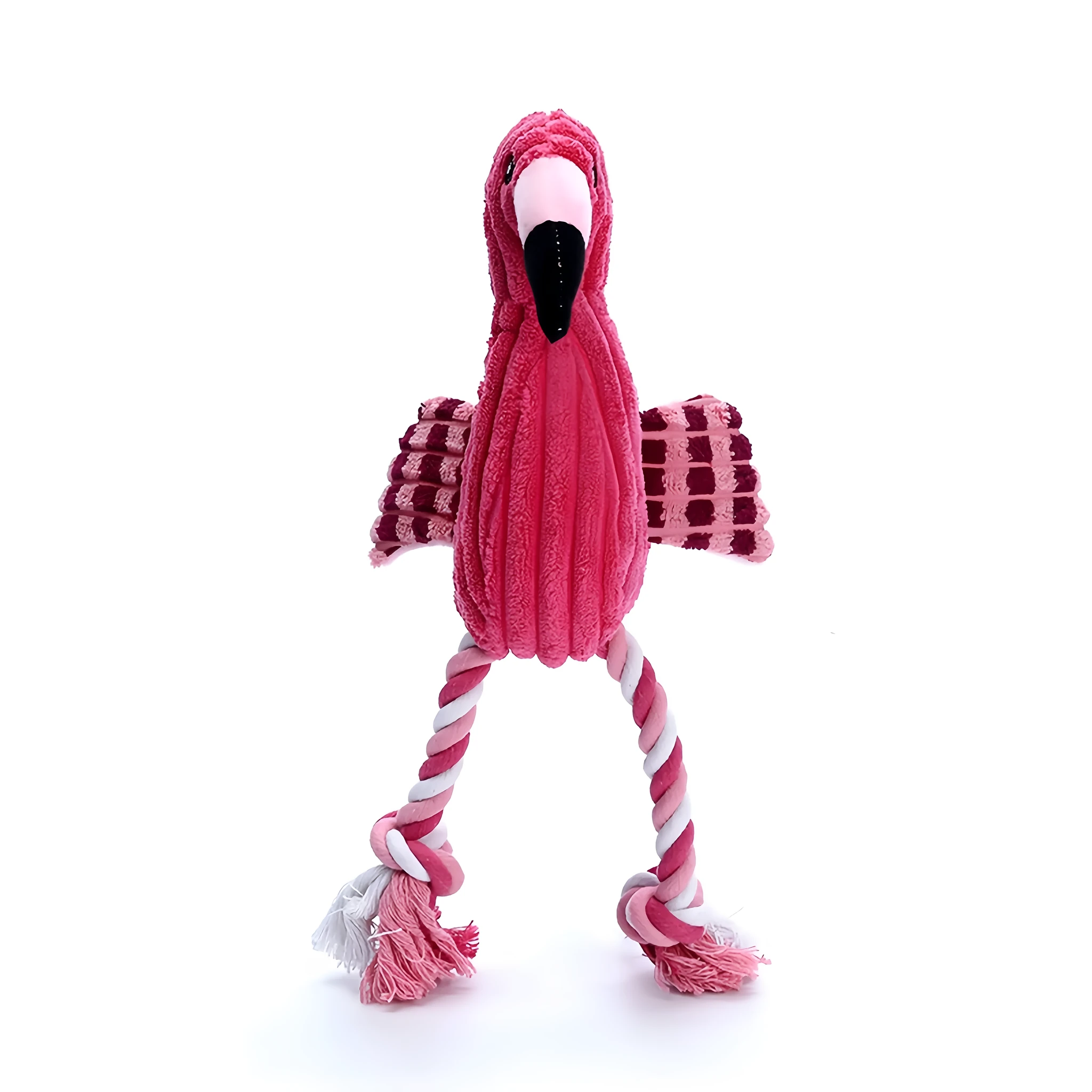 Pink animal-shaped corduroy plush dog toy with squeaker