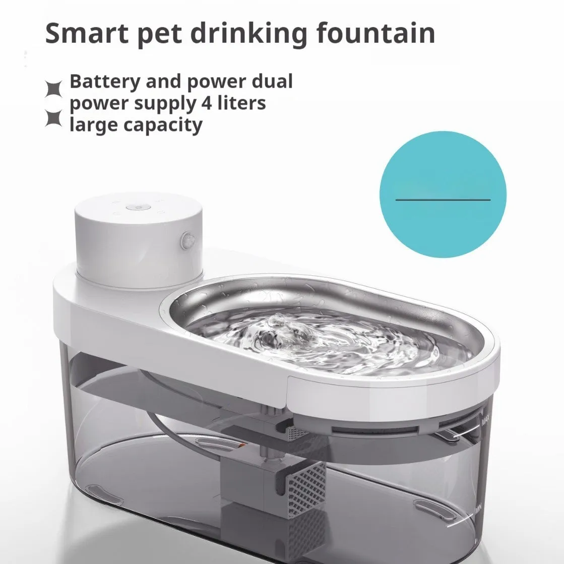 Black stainless steel pet water dispenser with built-in rechargeable battery and water tray