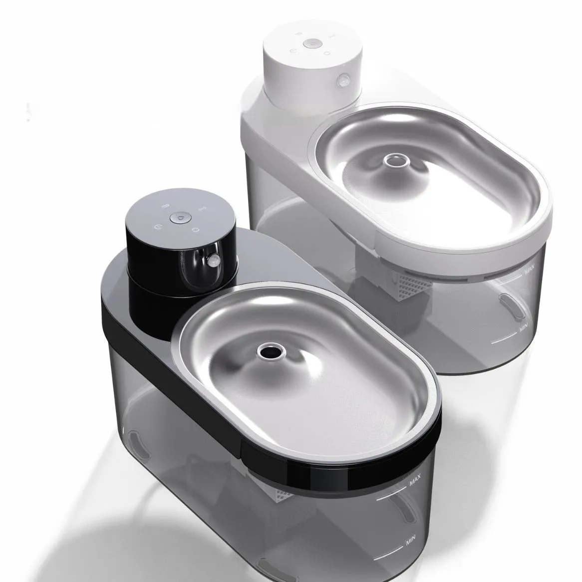 Black stainless steel pet water dispenser with built-in rechargeable battery and water tray