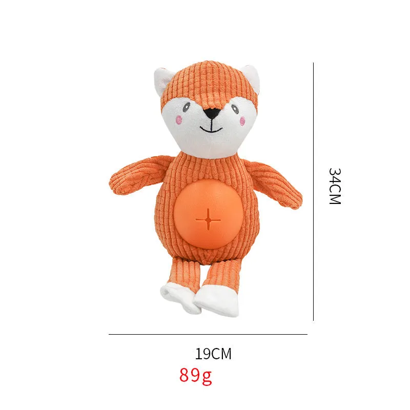 Animal-shaped stuffed dog toy in three bite-resistant colours Green Orange Purple on a white background