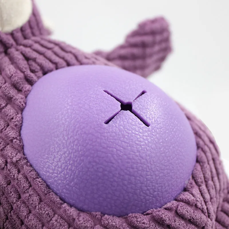 Animal-shaped stuffed dog toy in three bite-resistant colours Green Orange Purple on a white background