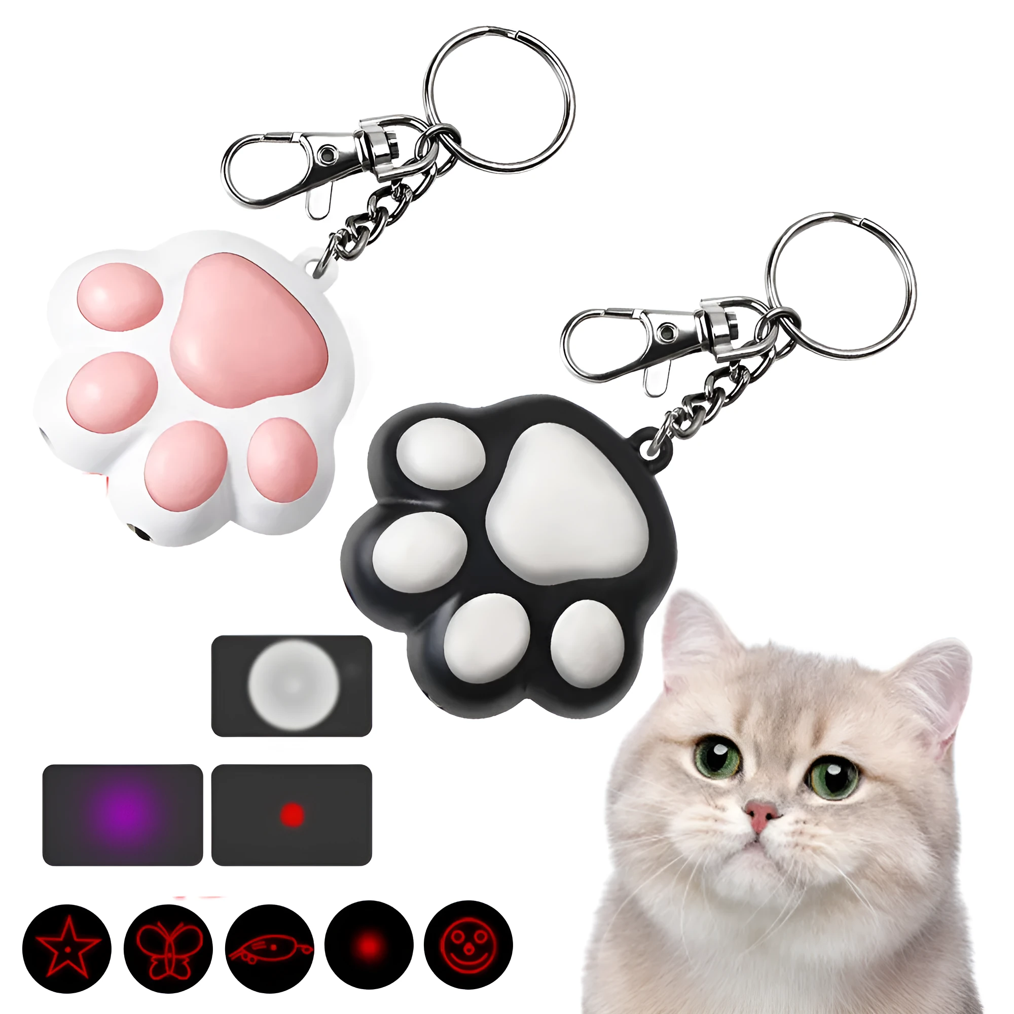 USB rechargeable infrared cat teaser toy with keychain attachment in black or pink colours