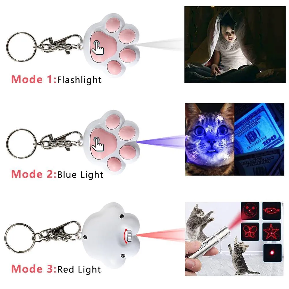 USB rechargeable infrared cat teaser toy with keychain attachment in black or pink colours