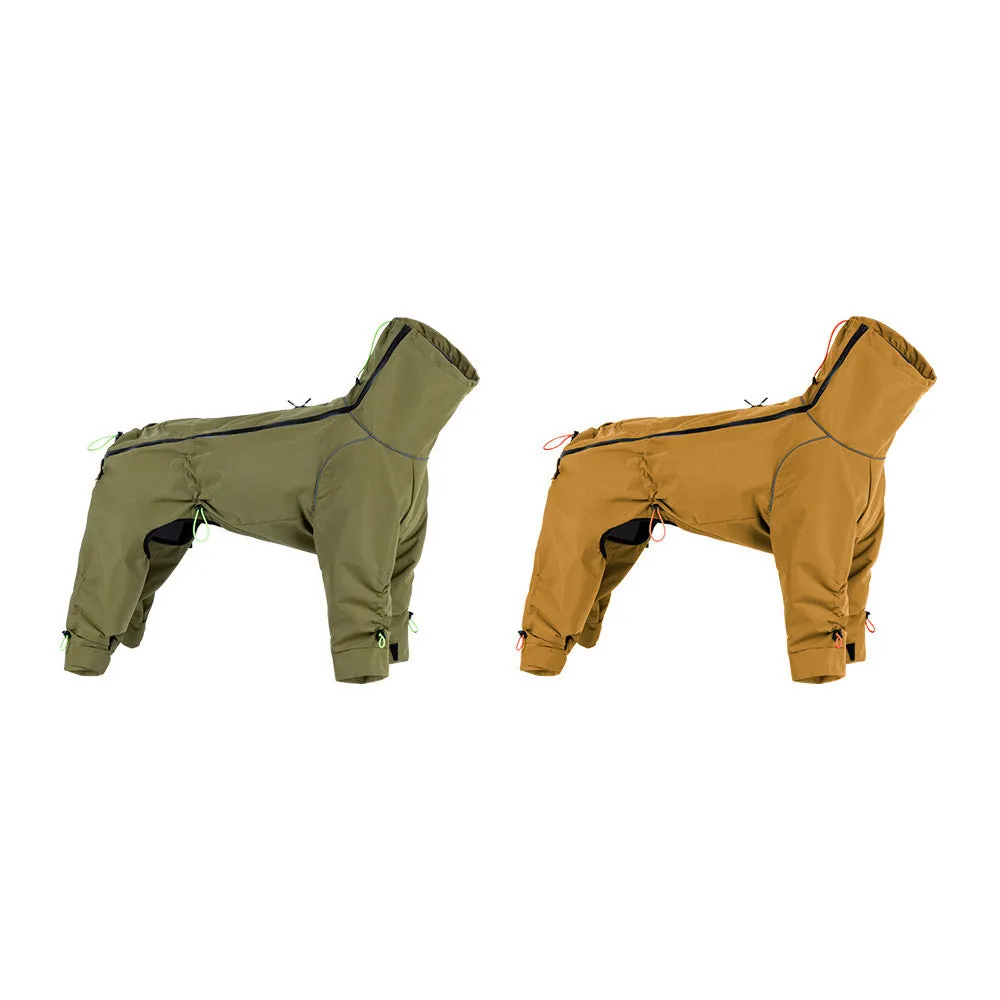 Large dog wearing a windproof four-leg polyester jacket with turtleneck in Turmeric colour