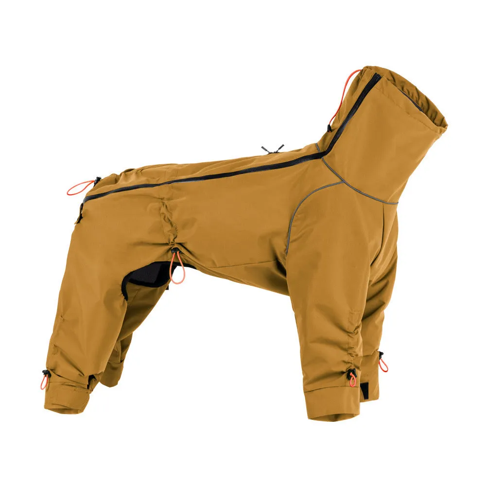 Large dog wearing a windproof four-leg polyester jacket with turtleneck in Turmeric colour
