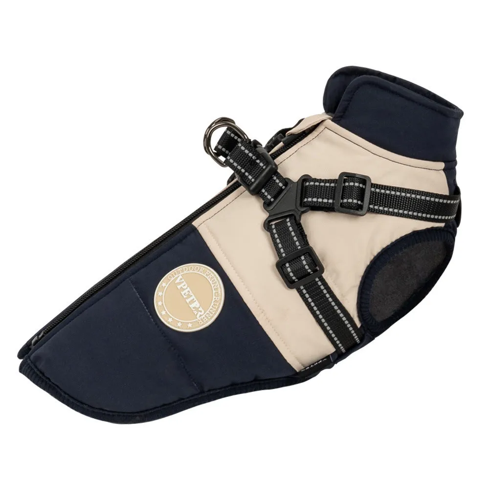 Pet dog windproof chest back integrated coat in navy blue British style polyester