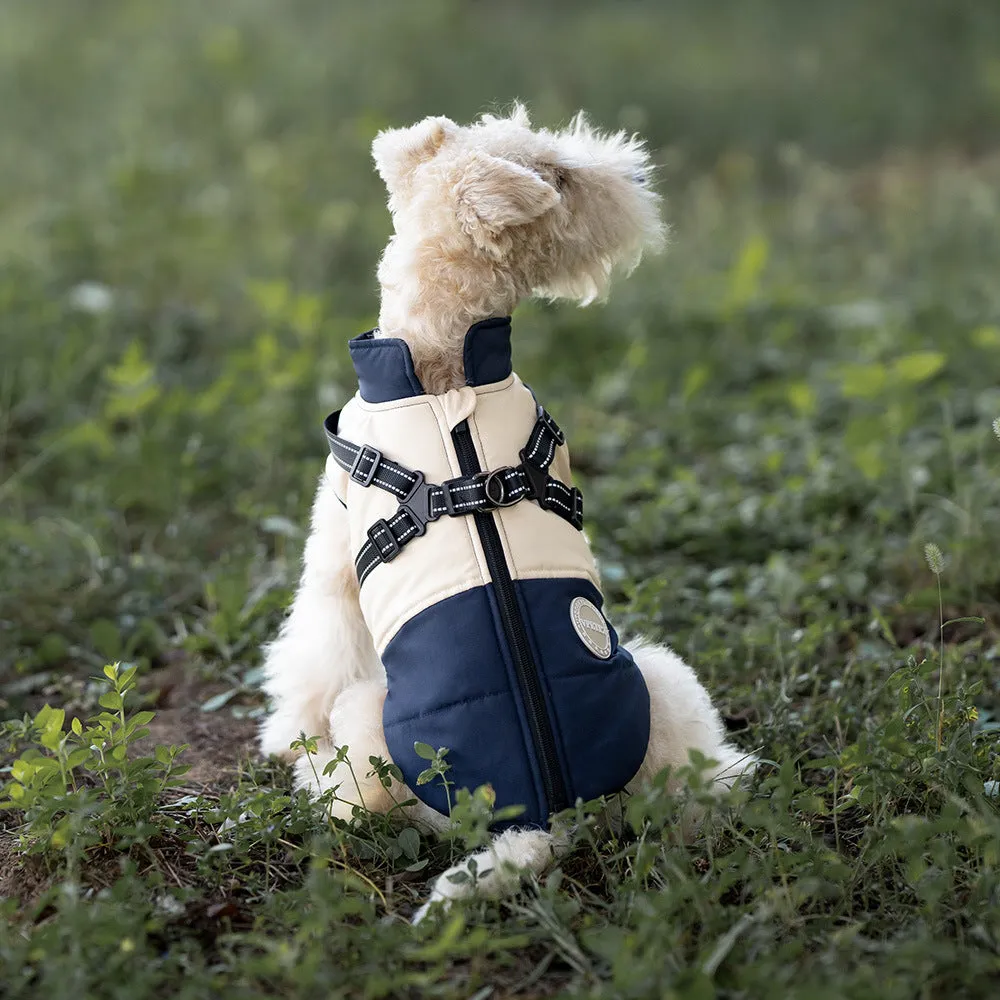 Pet dog windproof chest back integrated coat in navy blue British style polyester