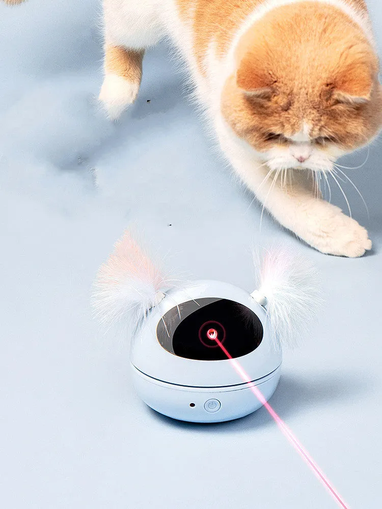 Automatic electric cat toy with ABS construction in white, showing laser teaser and robot bag design