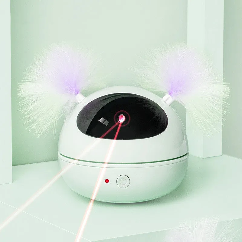 Automatic electric cat toy with ABS construction in white, showing laser teaser and robot bag design