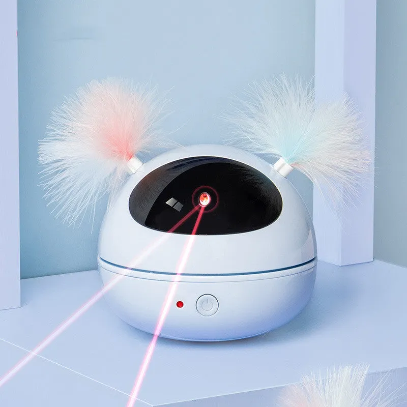 Automatic electric cat toy with ABS construction in white, showing laser teaser and robot bag design
