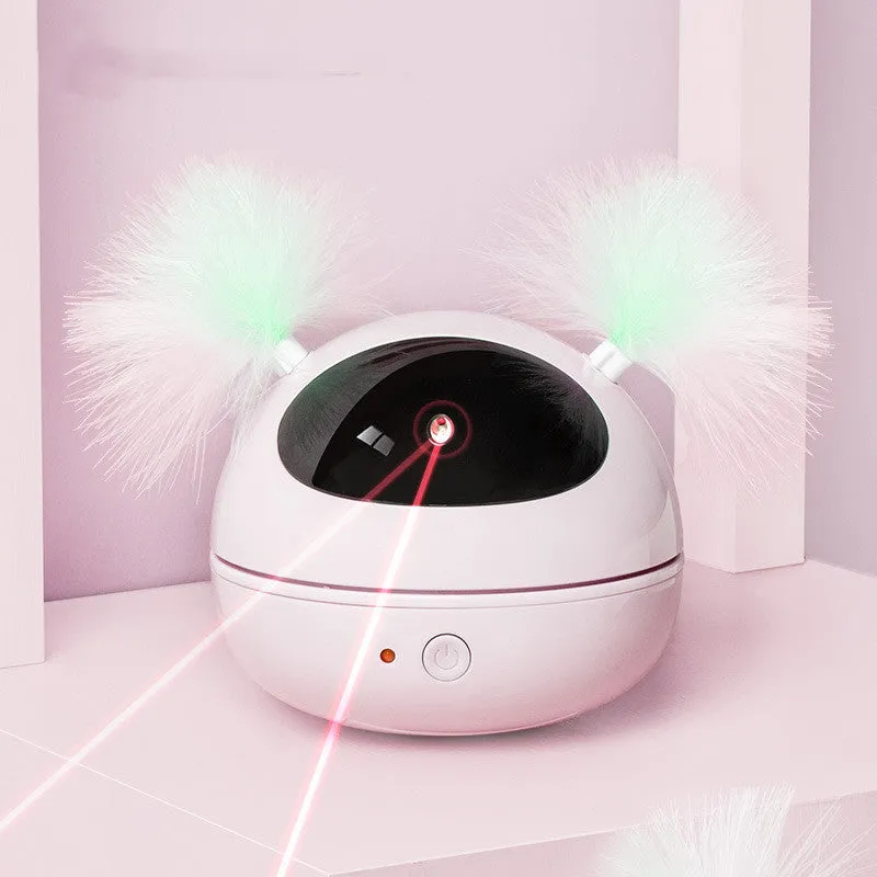 Automatic electric cat toy with ABS construction in white, showing laser teaser and robot bag design