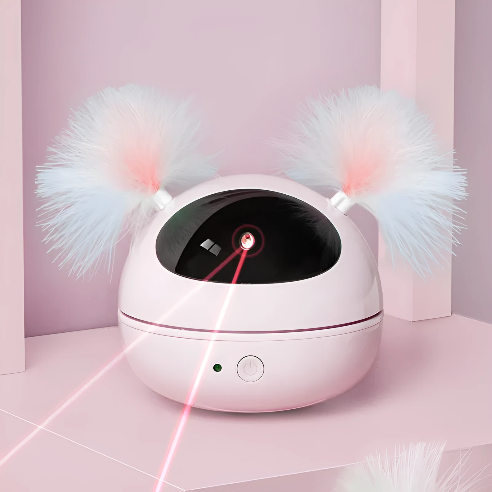 Automatic electric cat toy with ABS construction in white, showing laser teaser and robot bag design