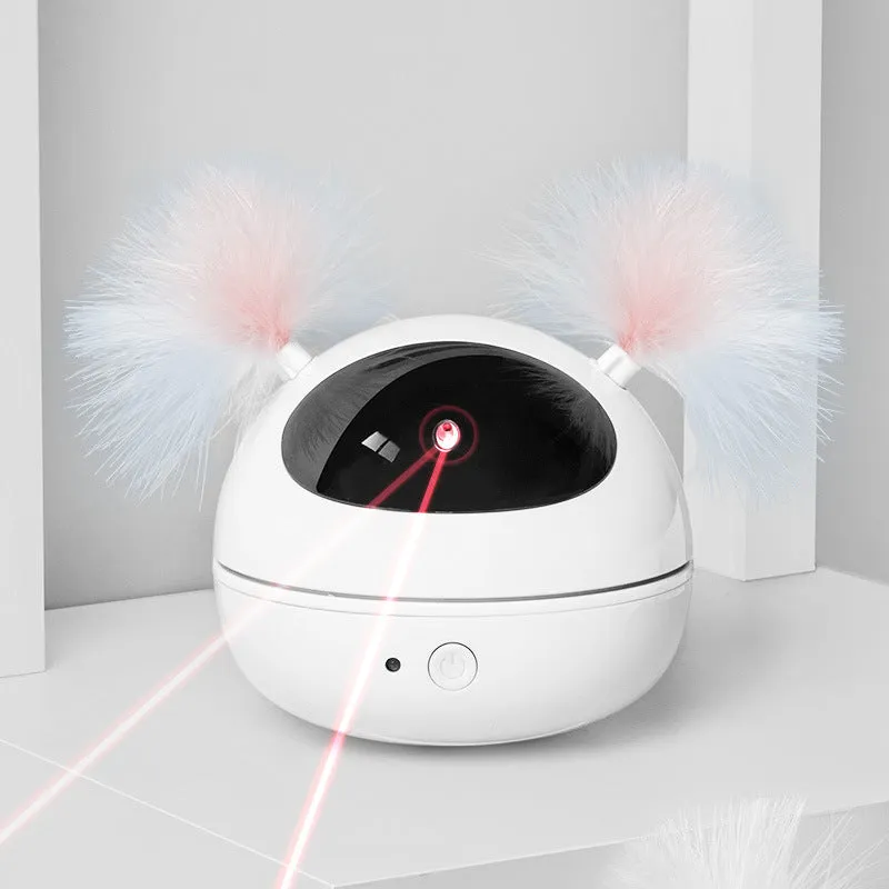 Automatic electric cat toy with ABS construction in white, showing laser teaser and robot bag design